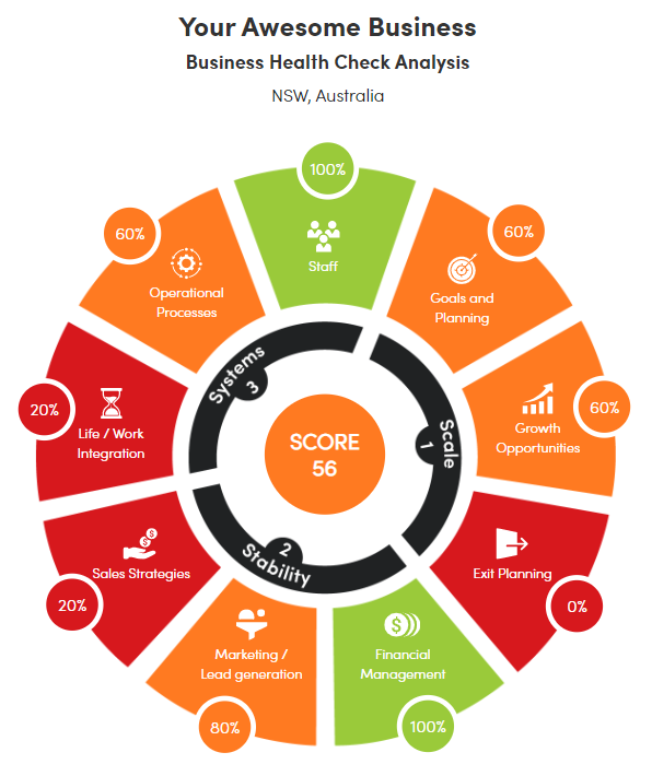 Upcoach Business Health Check wheel showing scores across 9 key business areas